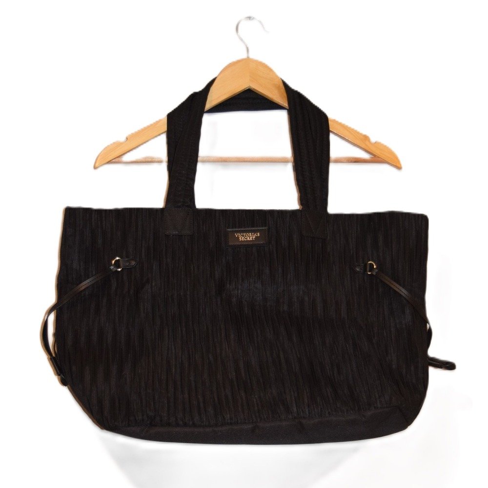 Victorias Secret Black Pleated Satin Tote Bag Gold Logo Shoulder Bag Large
